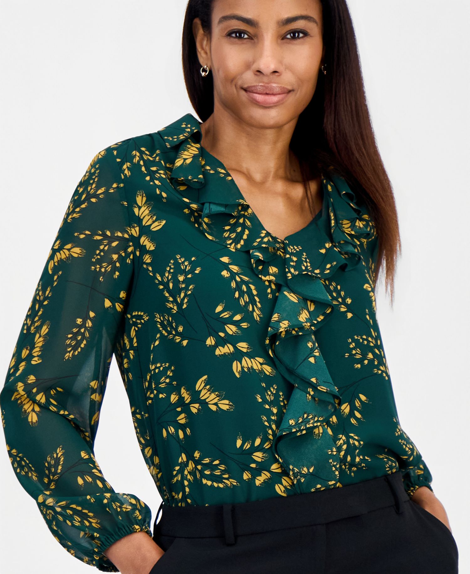 Women's Ruffle V-Neck Long-Sleeve Blouse