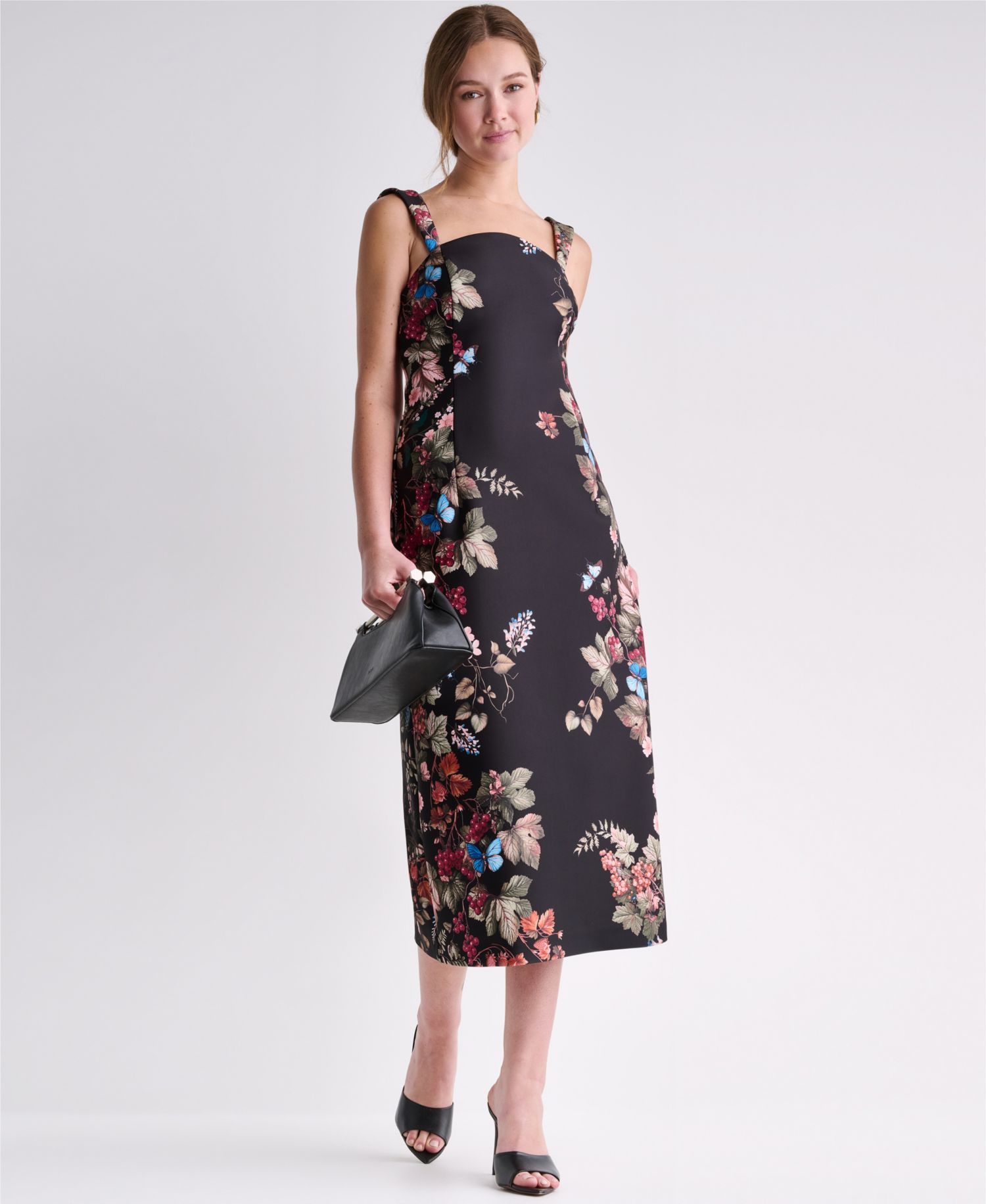 Women's Floral Print Square Neck Satin Midi Dress