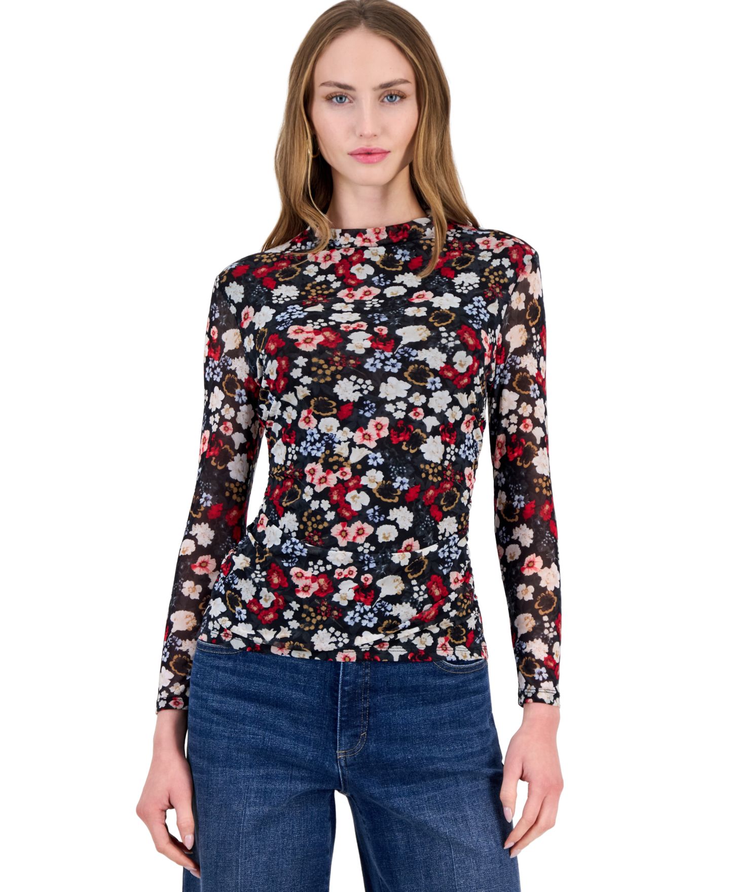 Женский топ I.N.C. International Concepts Long-Sleeve Mock-Neck Printed Mesh, цвет: Brianne Garden — фото 1