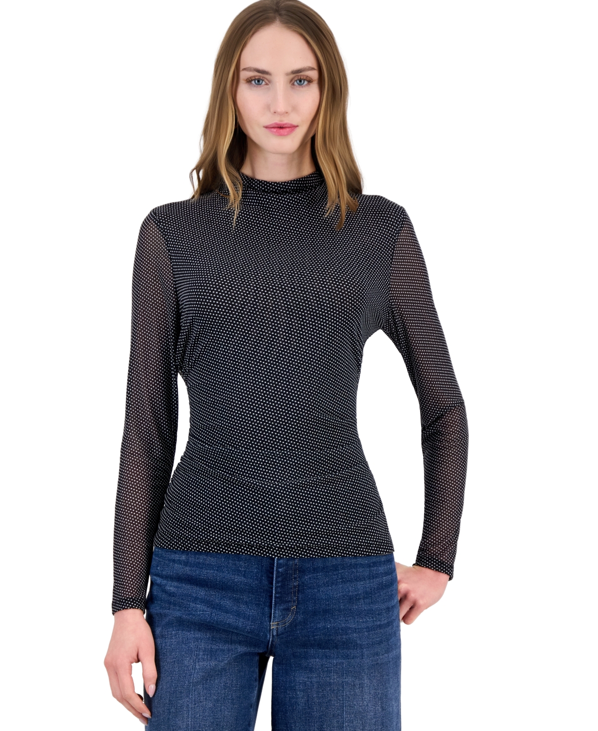 I.n.c. International Concepts Women's Long-Sleeve Mock-Neck Printed Mesh Top, Macy's Exclusive - Lita Dots