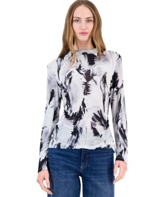 Women's Long-Sleeve Mock-Neck Printed Mesh Top