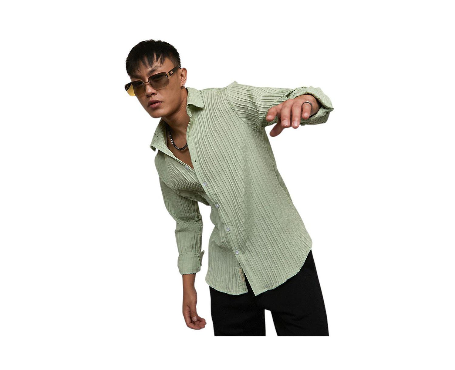 Men's Sage Green Self-Design Striped Shirt