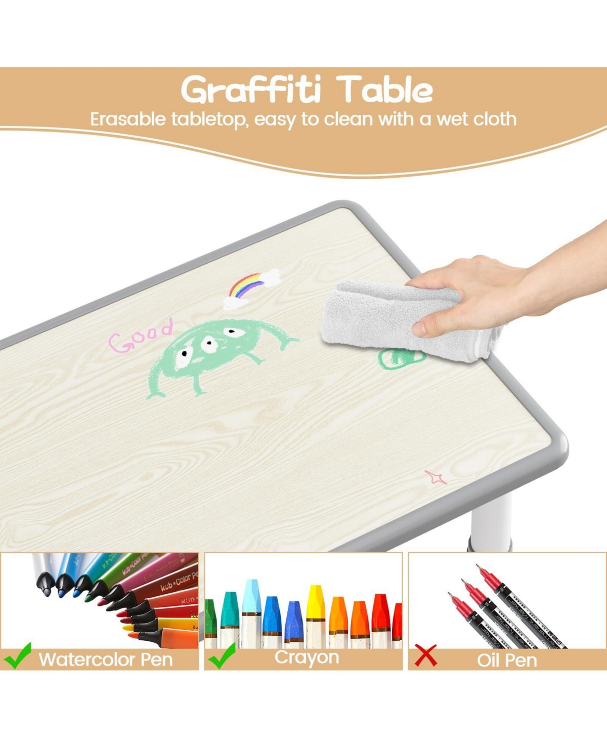 gaomon Kids Table and 4 Chairs Set, Height Adjustable Toddler Activity Table with Graffiti Desktop for Home, Daycare, Classroom
