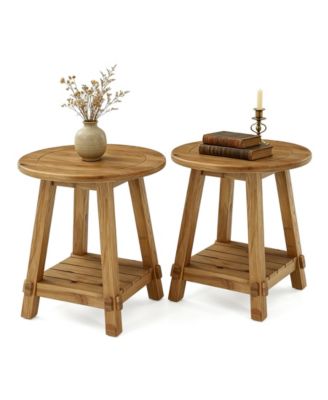 Round Side Table Set of 2, Small Solid Wood End Table, 2-Tier Sofa Couch Table, for Small Spaces, Living Room, Bedroom and Balcony