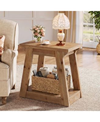 Solid Wood End Table With Storage Shelf, 23.6" Rustic Farmhouse Side Table For Living Room, Narrow Nightstand For Bedroom,small Spaces
