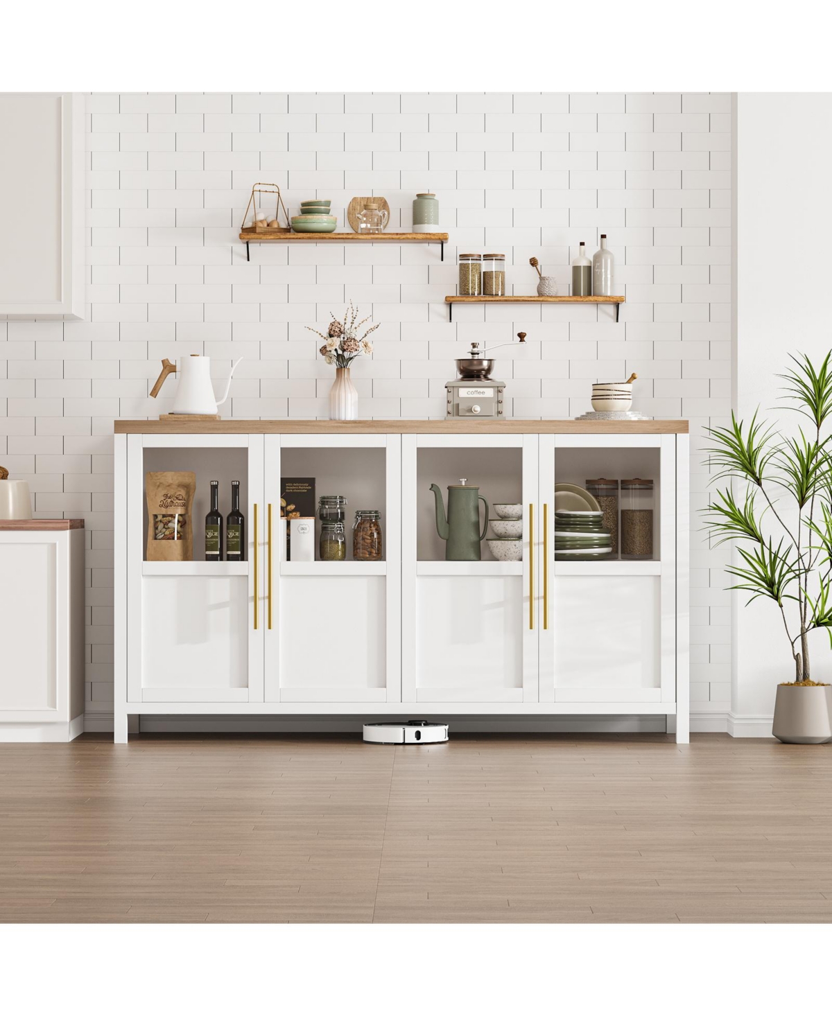 homfan 55" Sideboard Buffet Cabinet – 4 Glass Doors, Coffee and Wine Bar Display Cabinet for Kitchen, Dining Room or Living Room