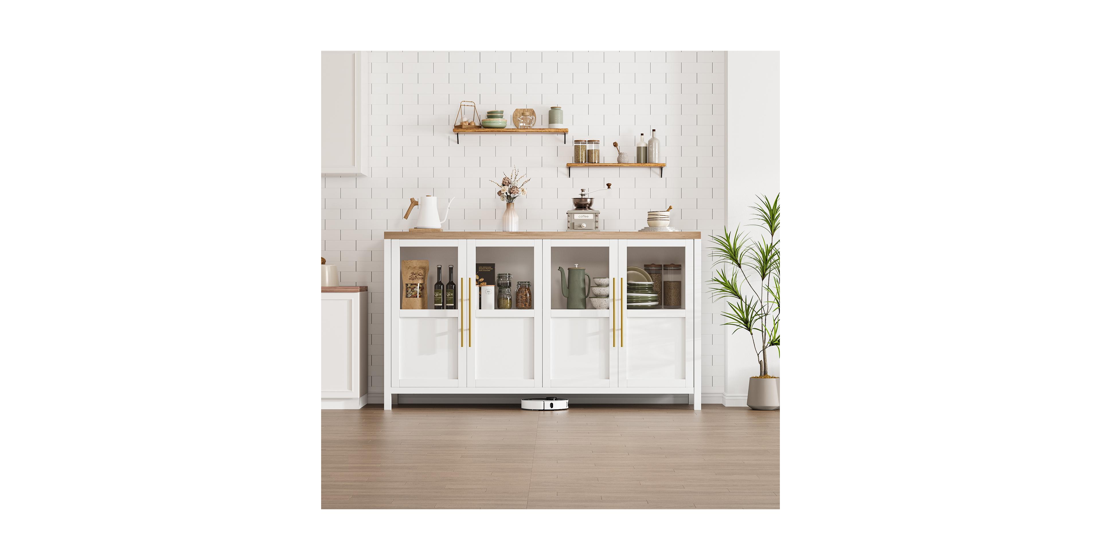 homfan 55" Sideboard Buffet Cabinet – 4 Glass Doors, Coffee and Wine Bar Display Cabinet for Kitchen, Dining Room or Living Room