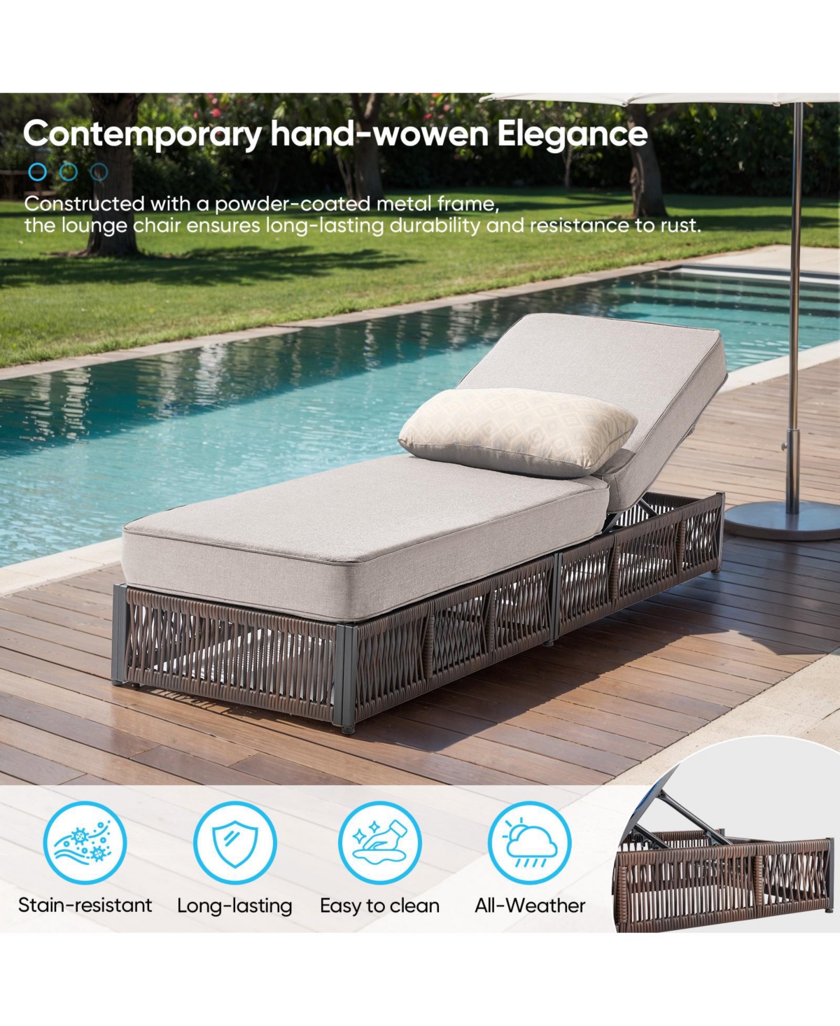 Pocassy Set of 4 Patio Chaise Lounge Chair, Wicker Outdoor Reclining Chair with Adjustable 5-Position, 5-inch Cushion and Lumber Pillow