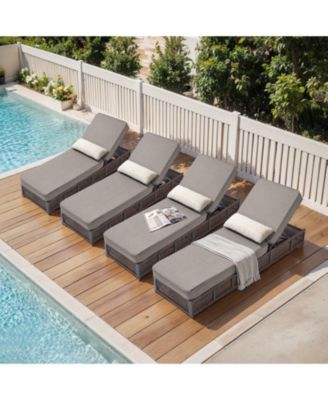 Set of 4 Patio Chaise Lounge Chair, Wicker Chaise Lounge Outdoor Reclining Chair with Adjustable 5-Position, 5-inch Cushion and Lumber Pillow