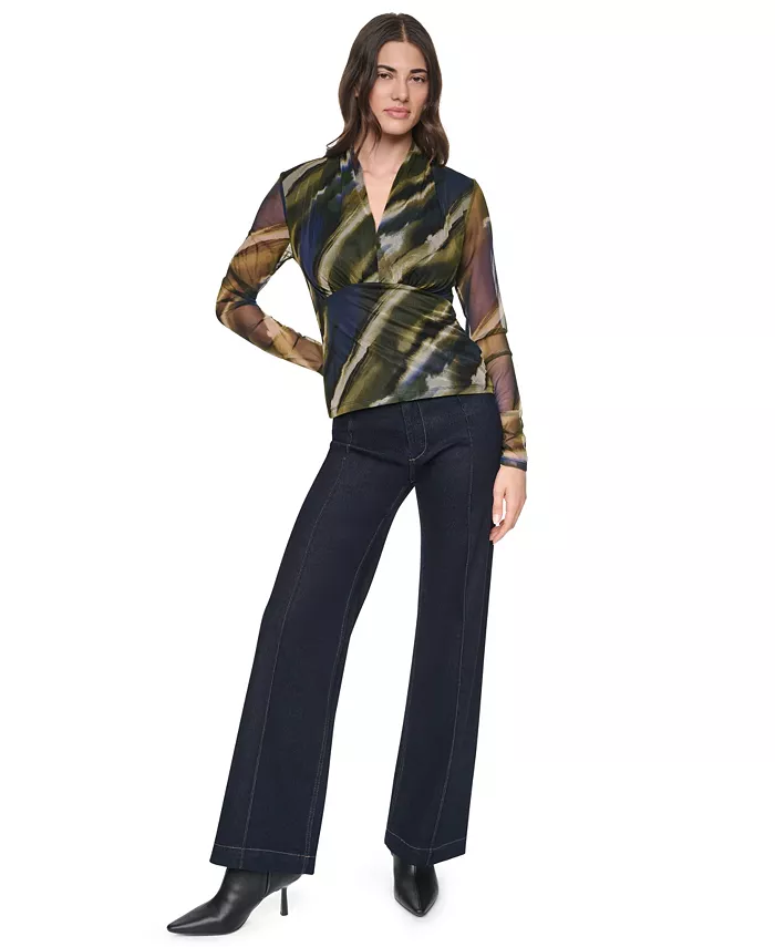 Women's Printed Mesh V-Neck Long-Sleeve Top - thumbnail 2