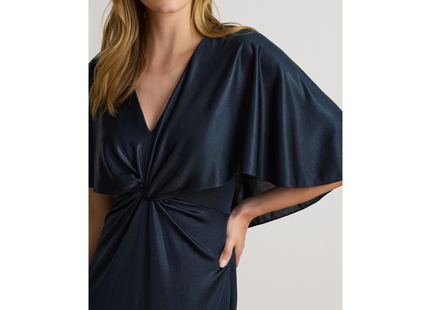 Women's Metallic Jersey Twist-Front Cape Gown