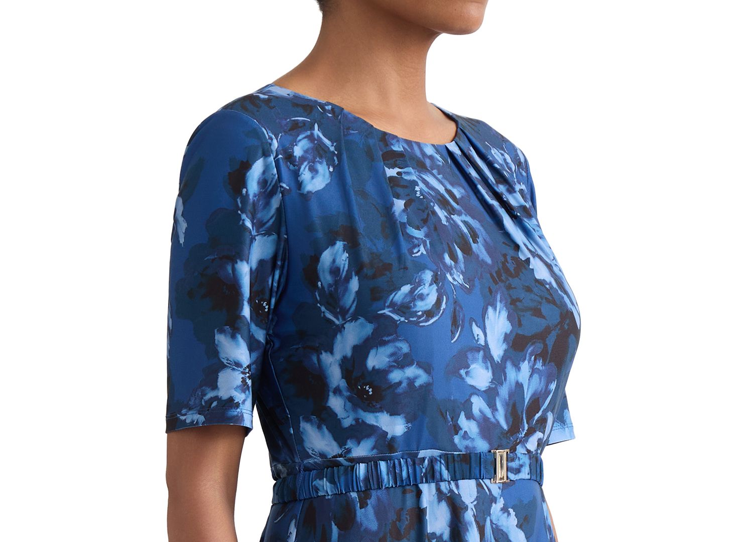 Women's Pleat-Neck Belted Short-Sleeve Dress