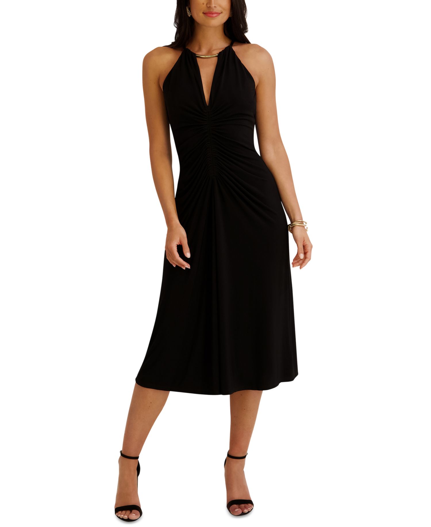 Women's Ruched Halter V-Neck Midi Dress