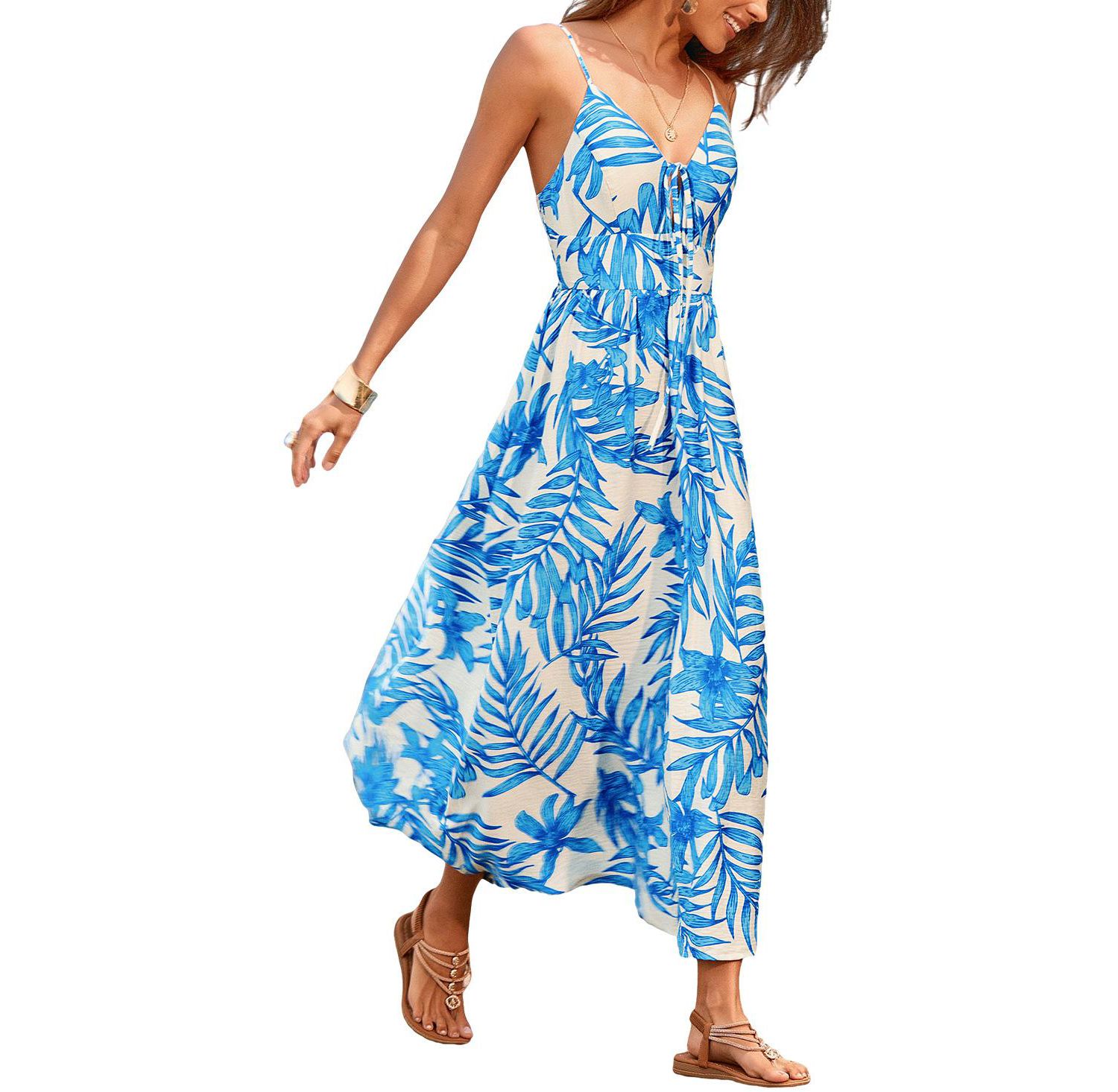 Women's V-Neck Leaf Print Beach Dress