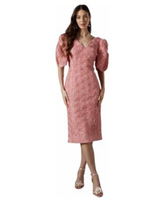 Women's Floral Pleated Puff Sleeve Pencil Dress