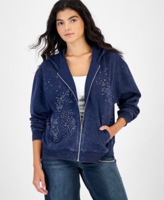 Juniors' Full-Zip Rhinestone-Embellished Fleece Hoodie