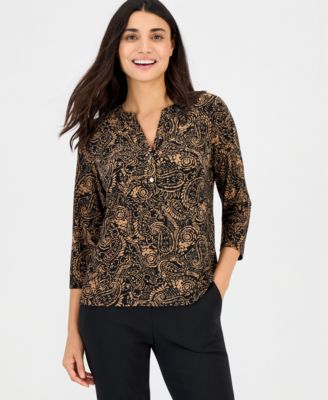 Women's Petite Woodblock-Print V-Neck 3/4-Sleeve Henley