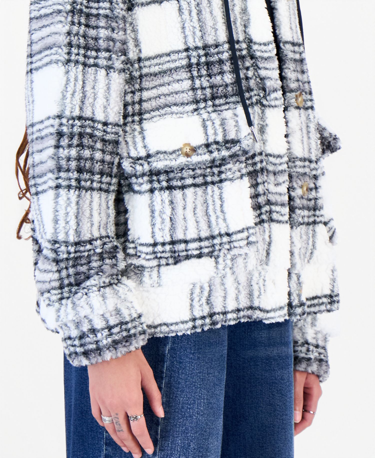 Juniors' Sherpa-Lined Plaid Hooded Shacket