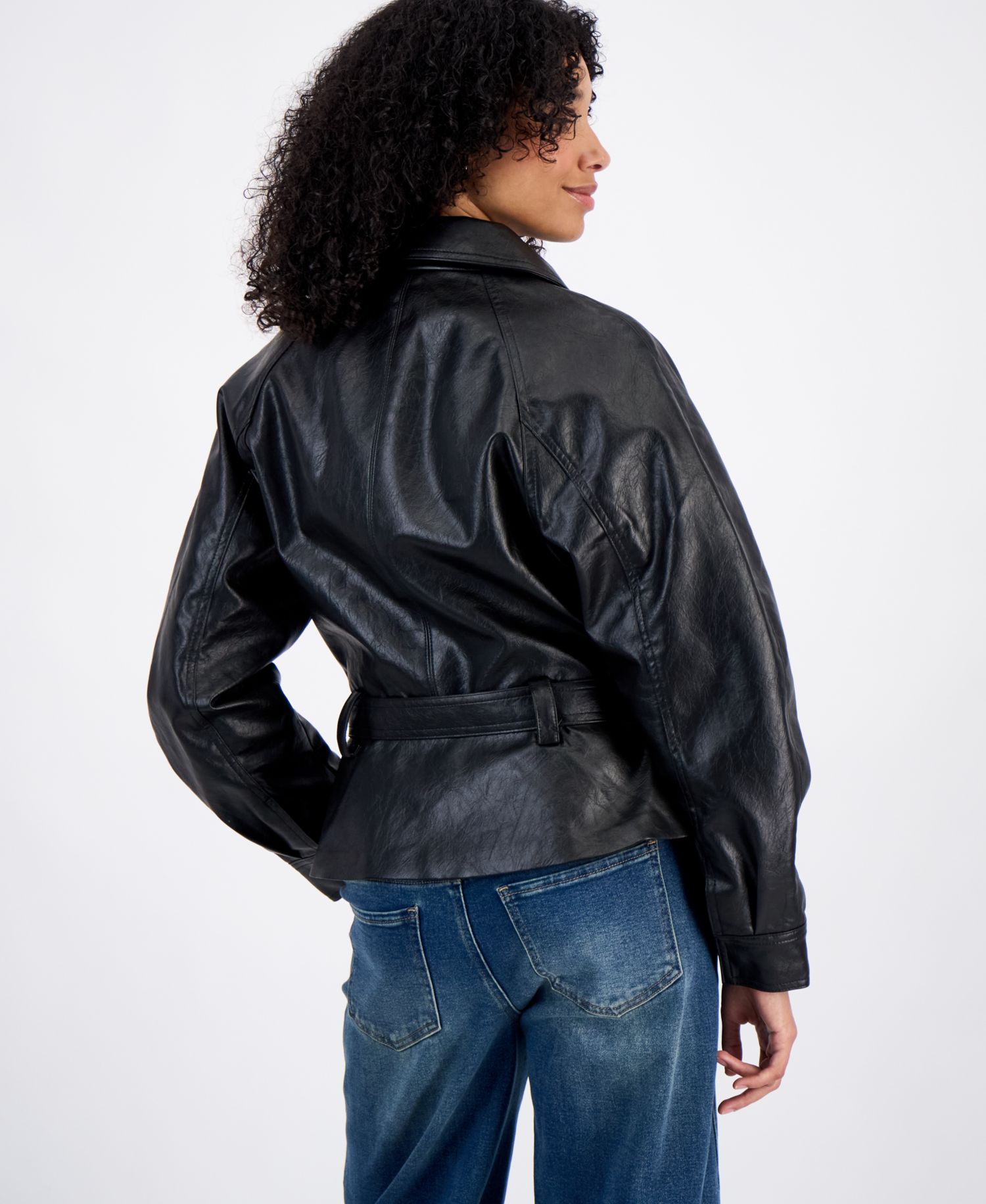 Juniors' Faux Leather Trench Zip-Front Jacket