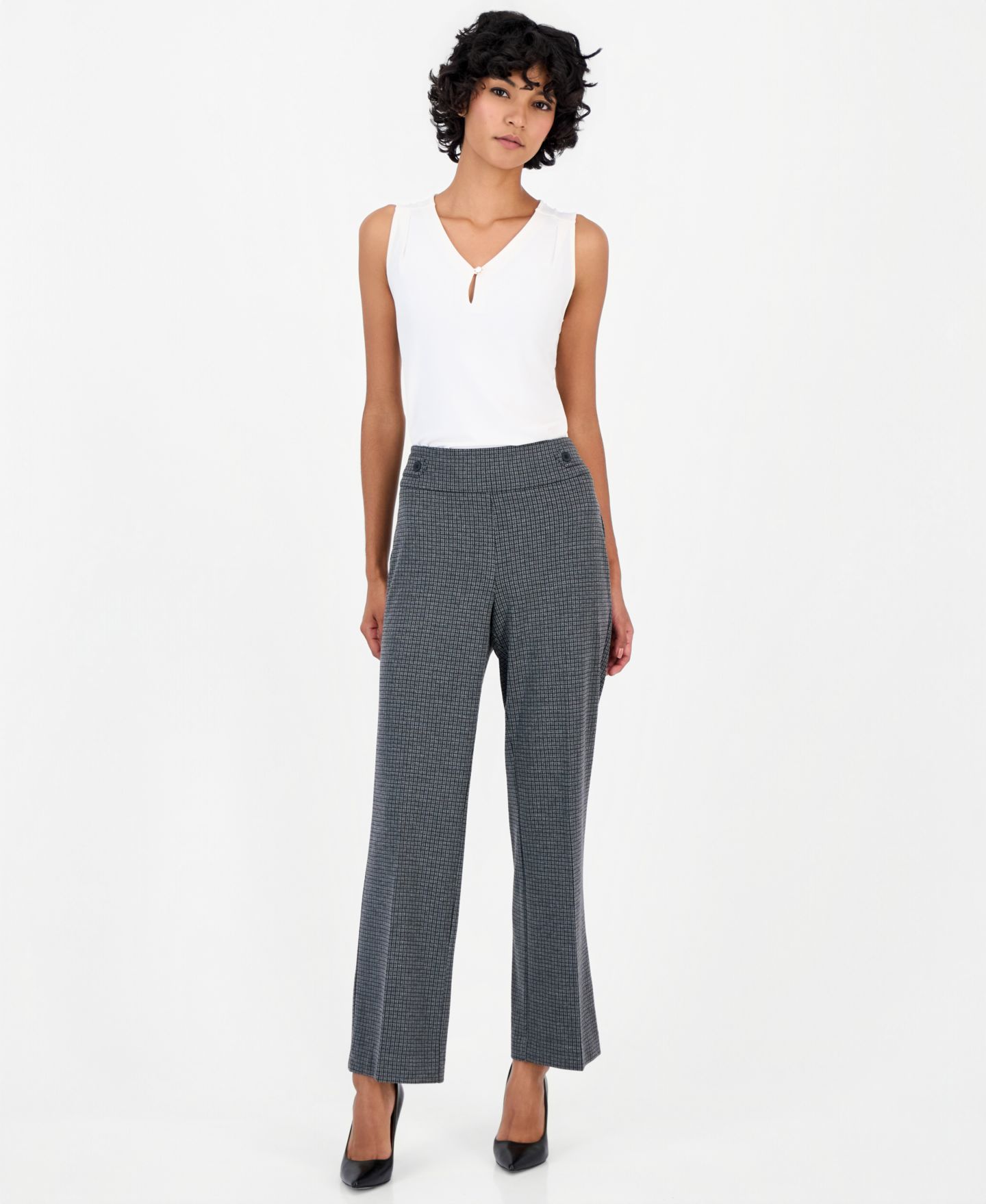 Женские брюки Anne Klein Essentials Petite Houndstooth Pull-On Wide-Leg, цвет: Меланжевый серый разноцветный — фото 3