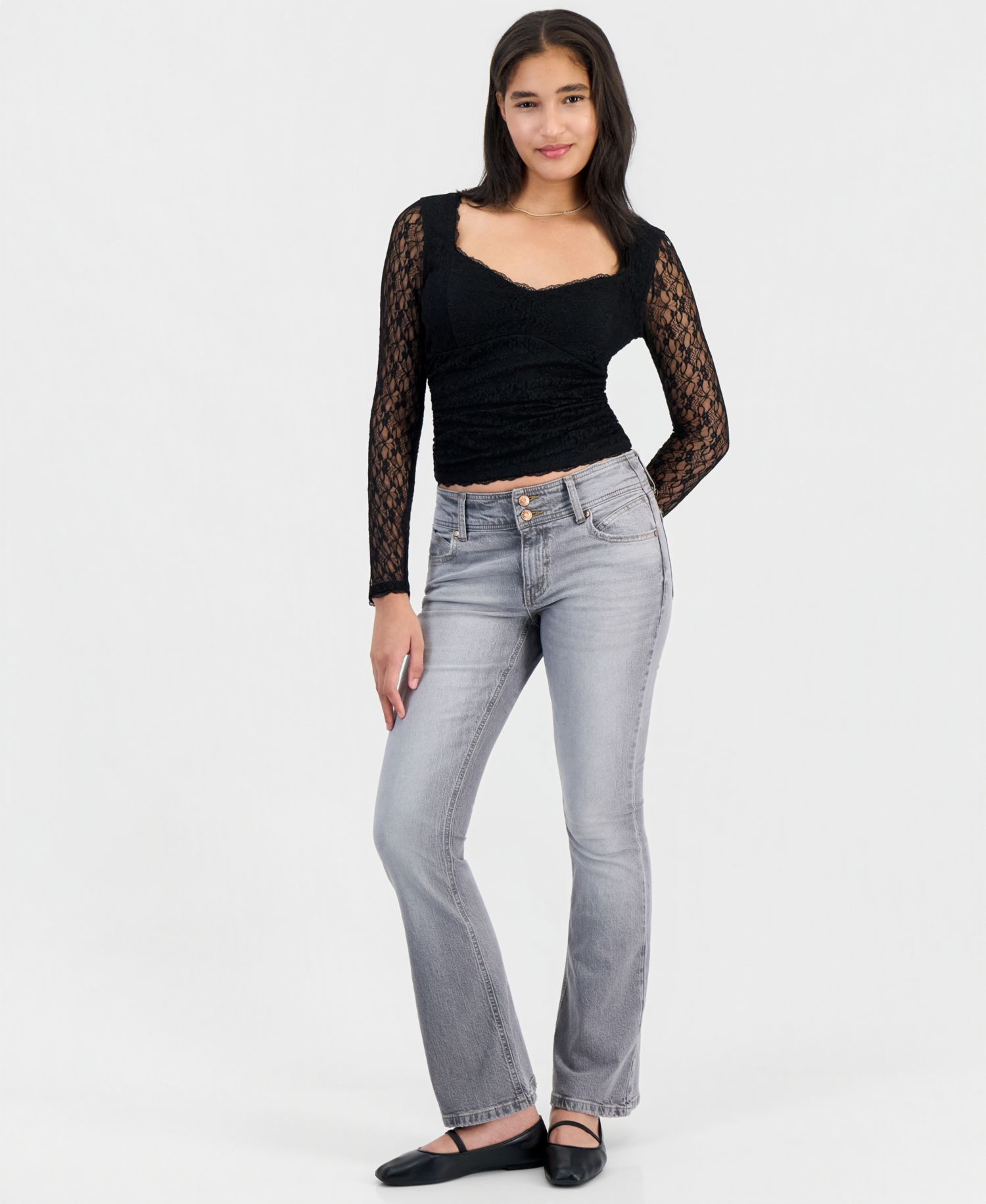 Juniors' Long-Sleeve Lace Sweetheart-Neckline Top