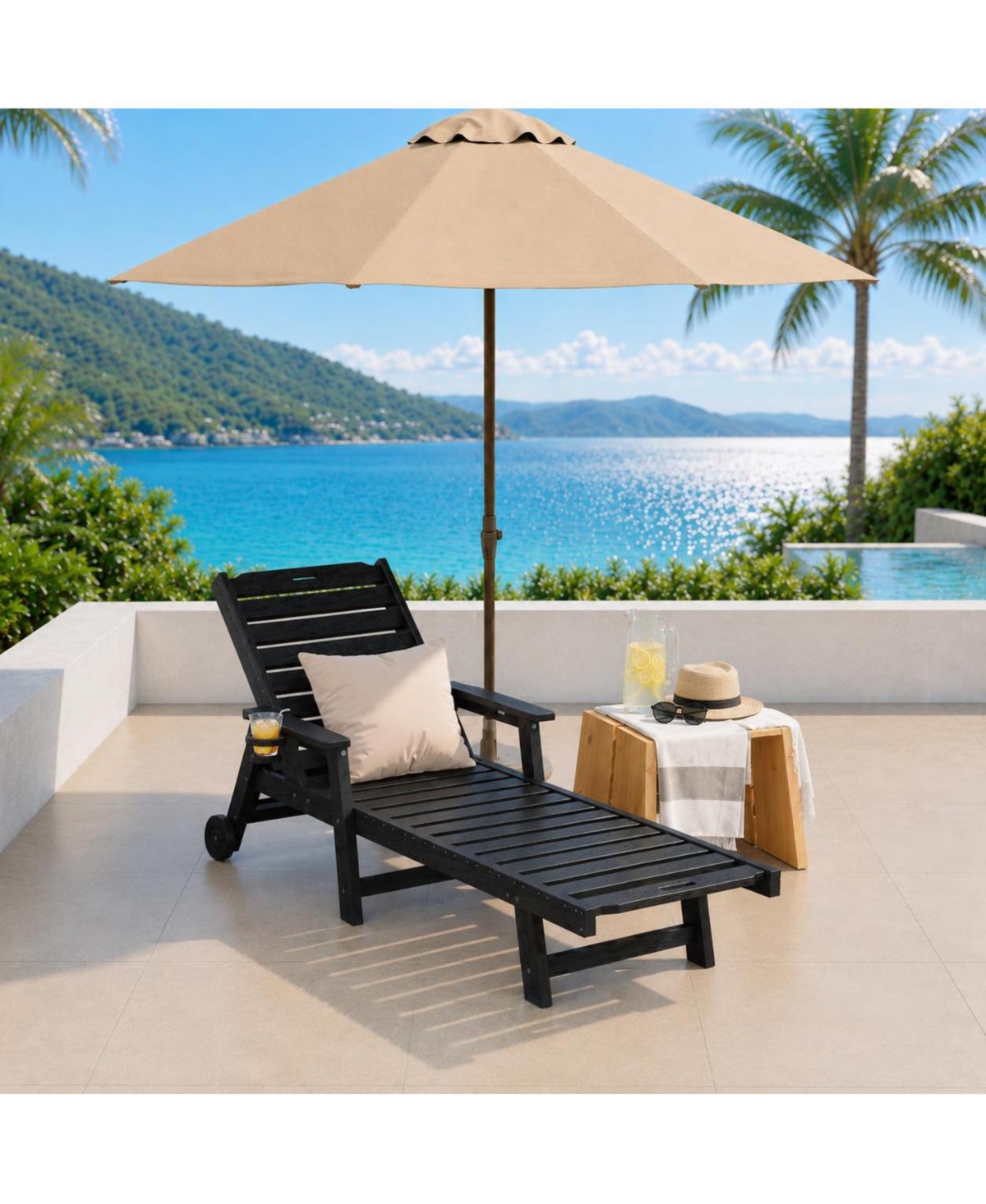 homfan 1 piece Hdpe Chaise Lounge Chair, 5-Position Adjustable Backrest, Wheels and Cup Holder, Weather-Resistant Outdoor Recliner for Poolside