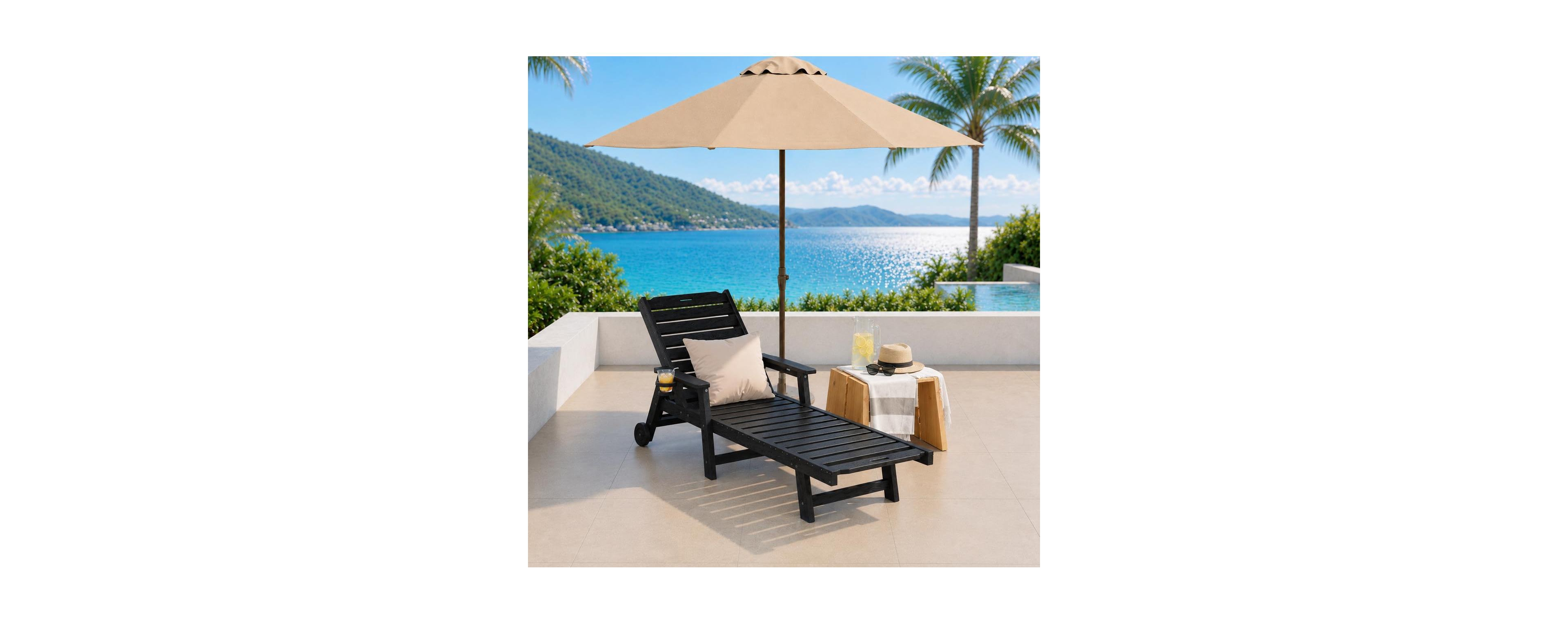 homfan 1 piece Hdpe Chaise Lounge Chair, 5-Position Adjustable Backrest, Wheels and Cup Holder, Weather-Resistant Outdoor Recliner for Poolside