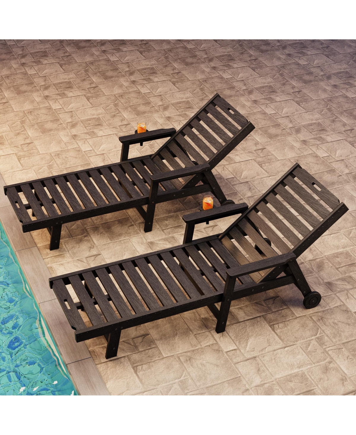 homfan Patio Chaise Lounge Set of 4, Hdpe Chair with Rolling Wheels, Cup Holder, 5-Position Backrest, All-Weather Lounger for Poolside