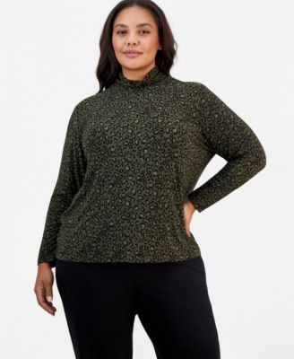 Plus Size Leopard-Print Shirred-Neck Long-Sleeve Turtleneck