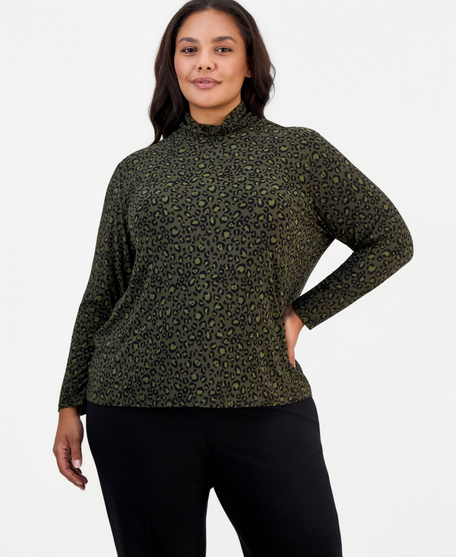 Plus Size Leopard-Print Shirred-Neck Long-Sleeve Turtleneck