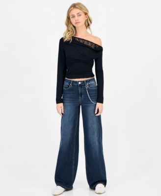 Juniors' 90s Wide Leg Rhinestone-Chain High-Waisted Cotton-Blend Jeans