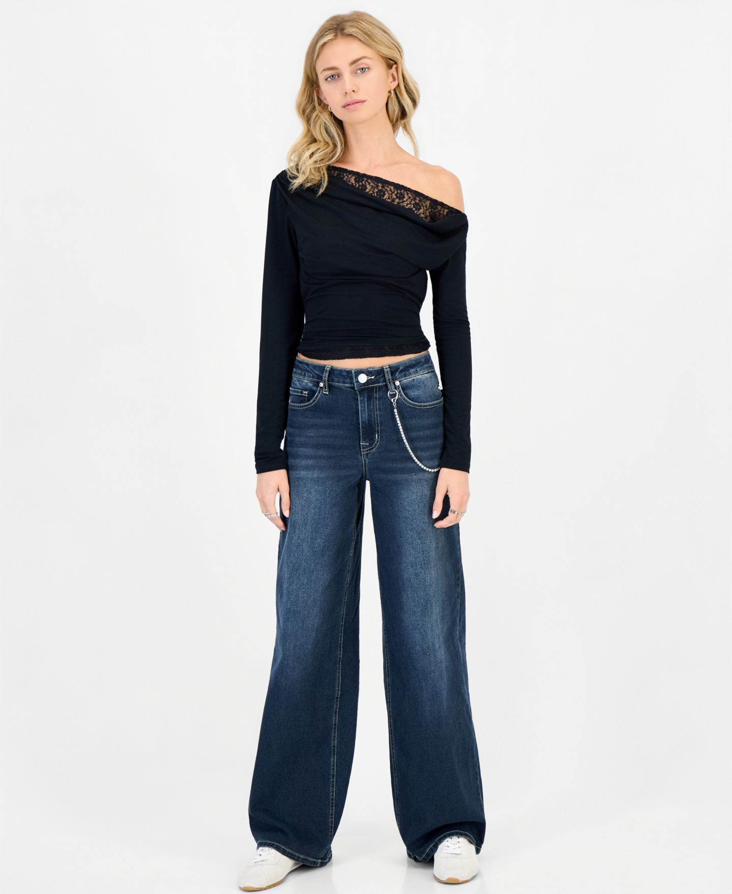 Женские джинсы Madden Girl Juniors' 90s Wide Leg Rhinestone-Chain High-Waisted Cotton-Blend, цвет: Тёмная варка — фото 1
