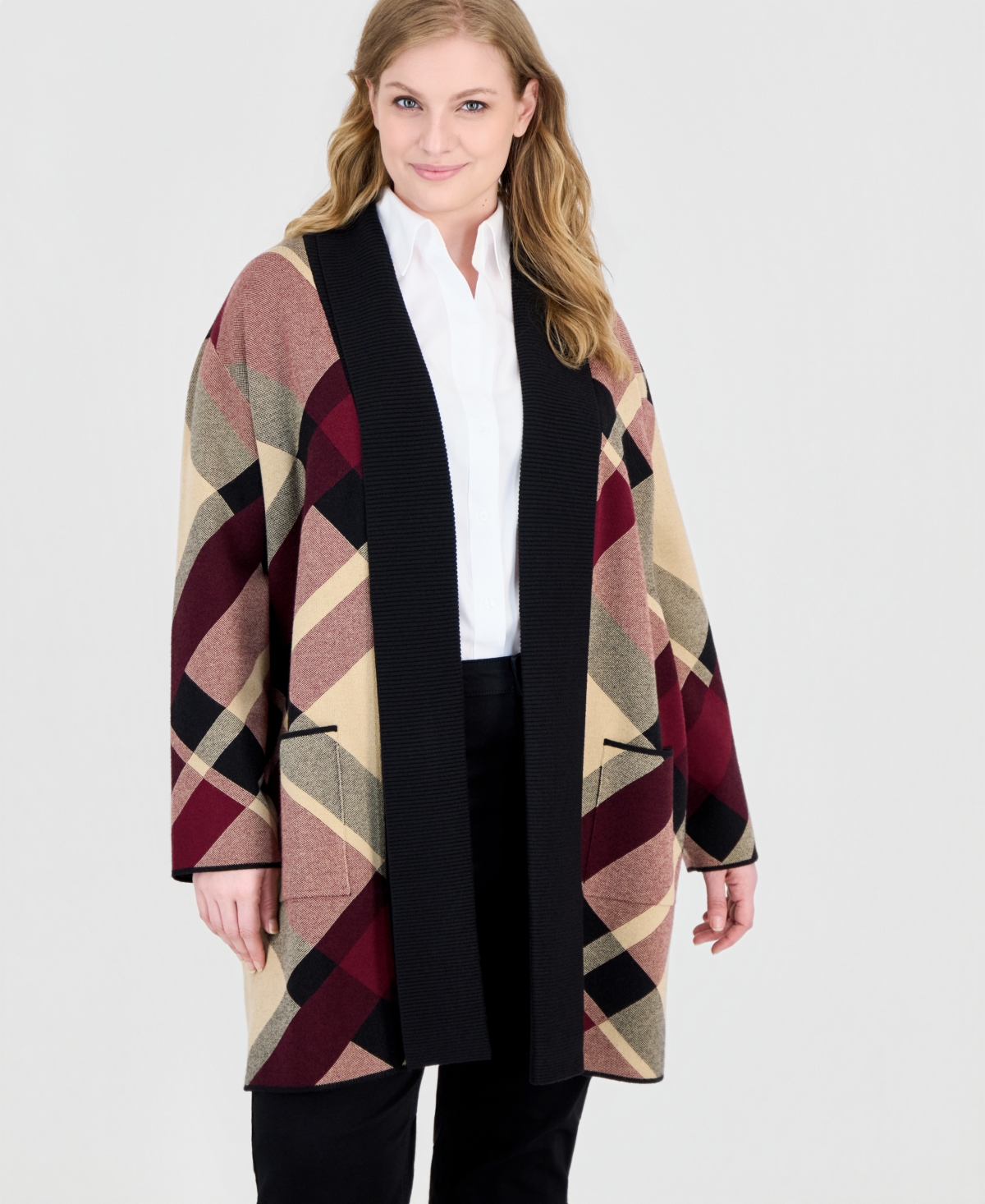 Jones New York Plus Plaid Turnback Collar Cardigan