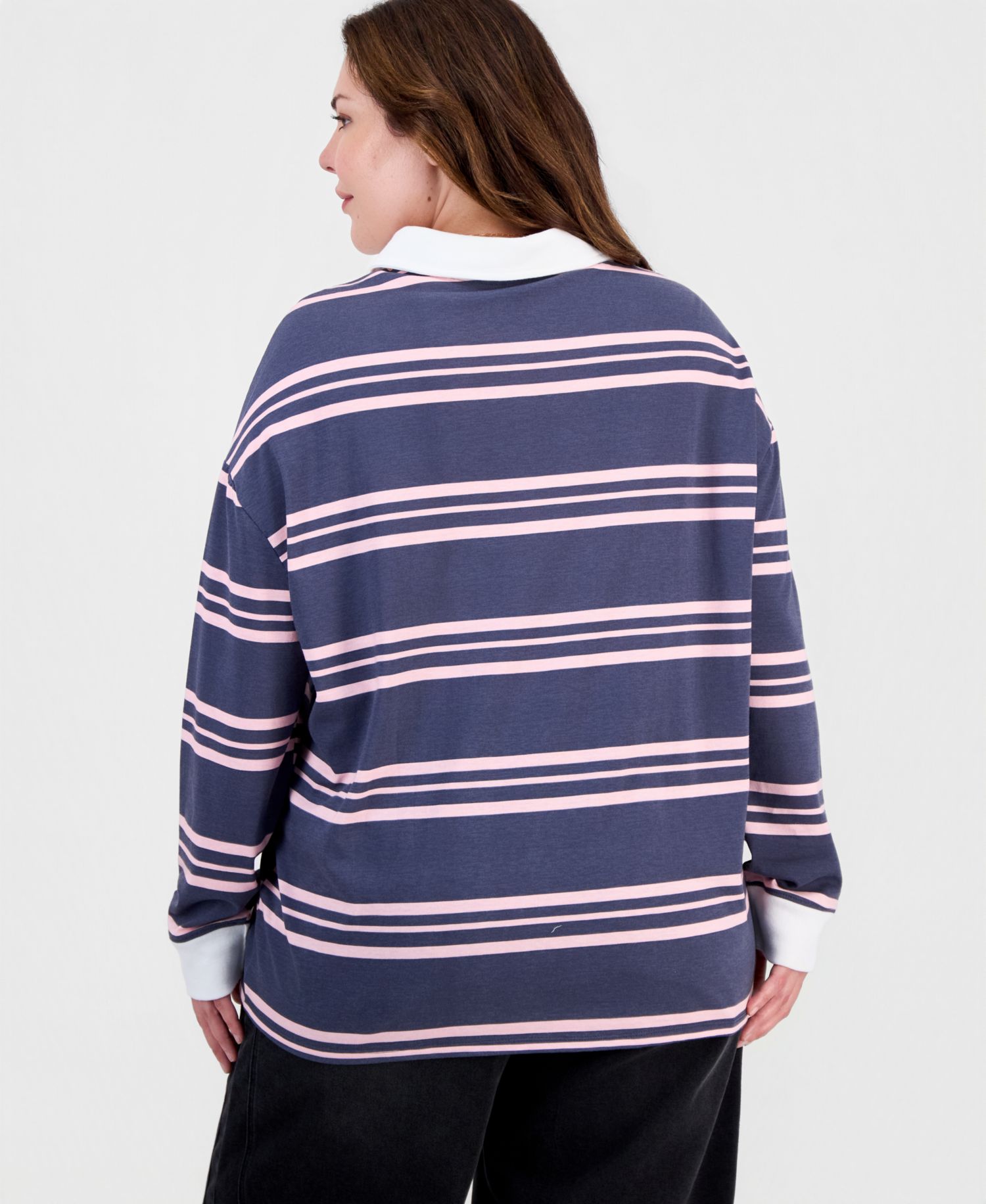 Plus Size Snoopy Athletic Rugby Striped Quarter Button Down Collar Cotton-Blend Polo Shirt