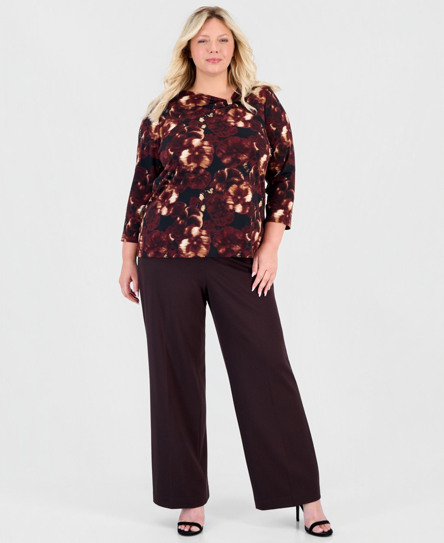 Plus Size 3/4-Sleeve Cowl Neck Asymmetric Blouse