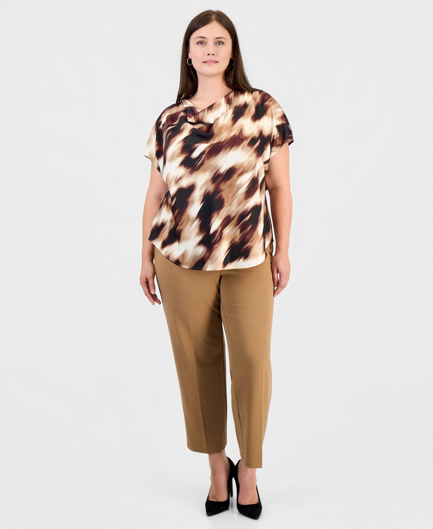 Plus Size Cowl Neck Short-Sleeve Print Blouse