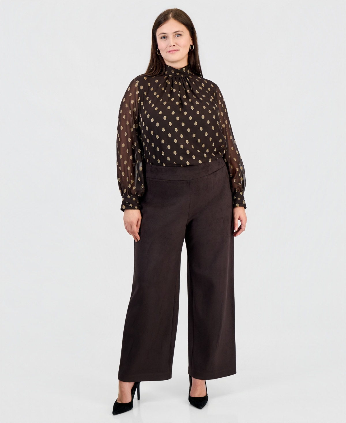 Anne Klein Plus Size Faux Suede High-Waisted Wide-Leg Pull-On Pants