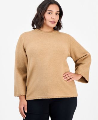 Plus Size Crewneck Bell-Sleeve Sweater with Braided Trim