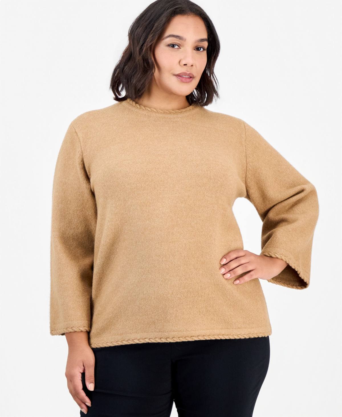 Anne Klein Plus Crewneck Bell-Sleeve Sweater with Braided Trim