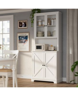 72 Inch Tall Kitchen Hutch Cabinet with Glass Doors, 41 Inch Wide Freestanding Storage Cabinet with Charging Station and LED Lights