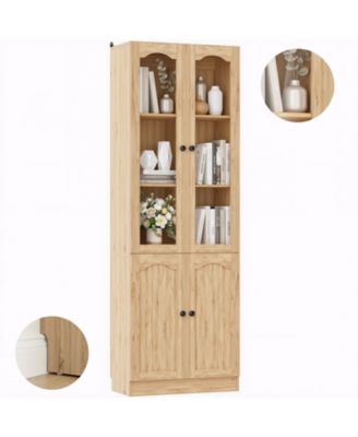 80" Pantry Cabinet with Glass Door and Shelves, Kitchen Storage Cabinet