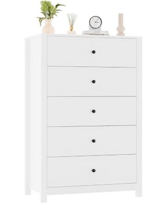 Modern 5 Drawer Wooden Dresser Chest, Tall Cabinet with Deep Storage Drawers, Metal Knobs, Versatile for Bedroom