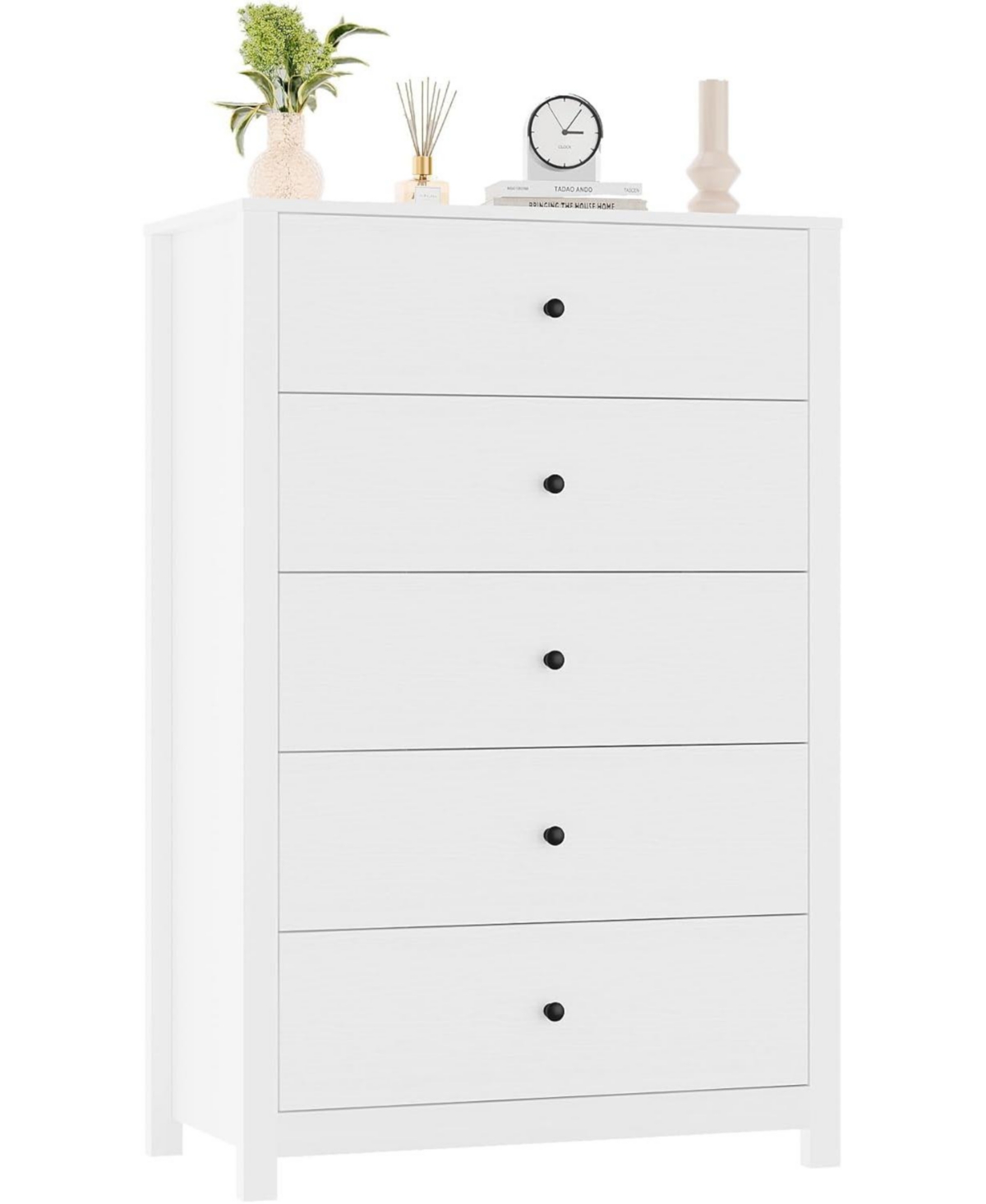 gaomon Modern 5 Drawer Wooden Dresser Chest, Tall Cabinet with Deep Storage Drawers, Metal Knobs, Versatile for Bedroom - White