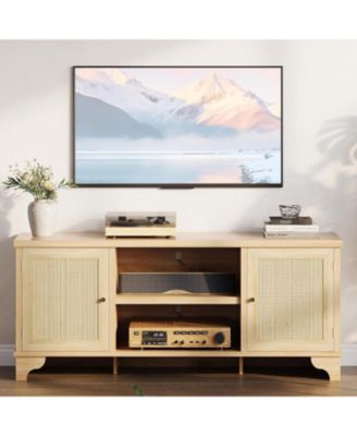 Rattan TV Stand for Living Room Modern Entertainment Center for TV Boho Media Console Table with Storage