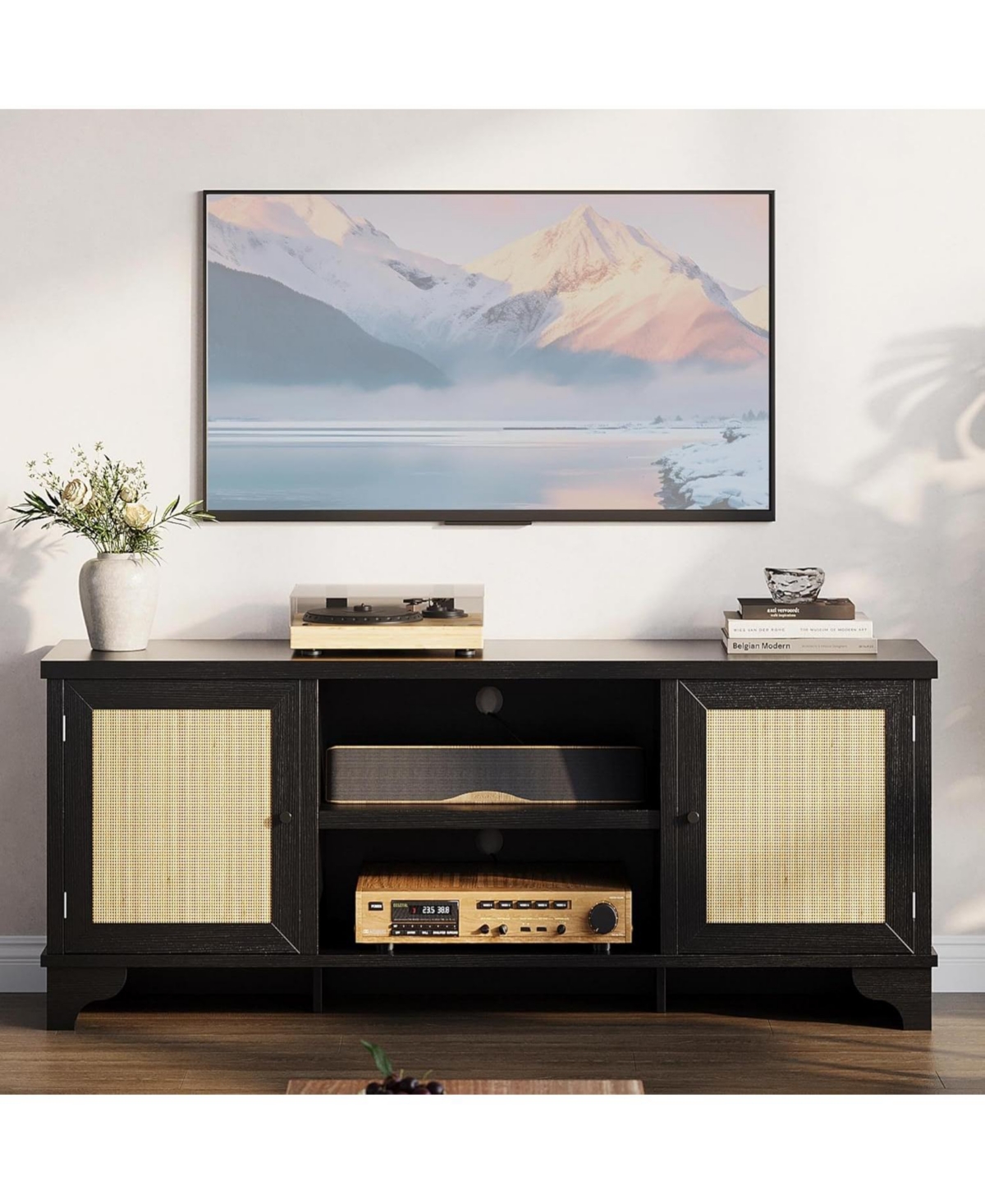 gaomon Rattan Tv Stand for Living Room Modern Entertainment Center for Tv Boho Media Console Table with Storage - Black