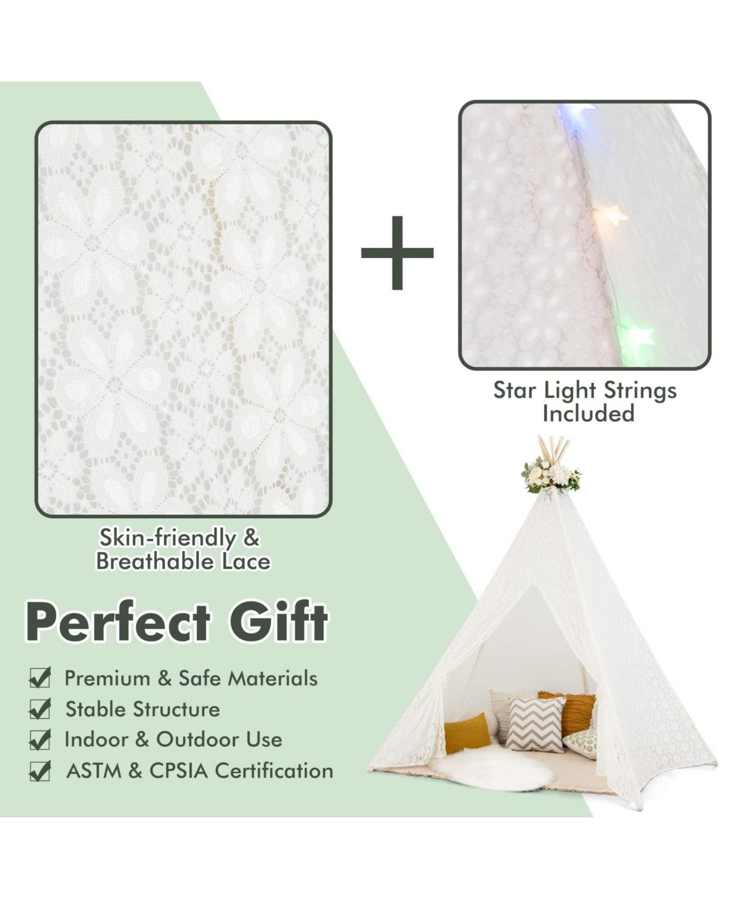 Детская игрушка Mecale Lace Teepee Tent with String Lights, 1-Piece, Ages 3+, цвет: Белый — фото 4