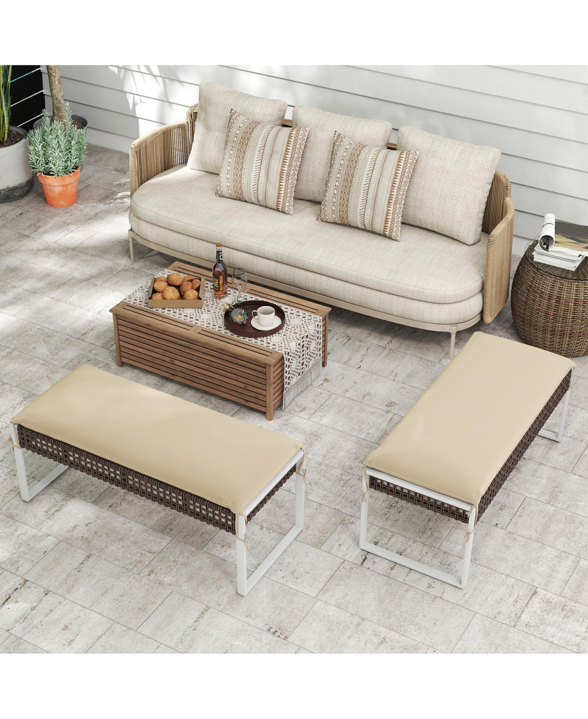 Sugift Patio Rectangle Wicker Ottoman Pack of 2 with Cushions and Metal Legs, 44.5 x 18.5 inch