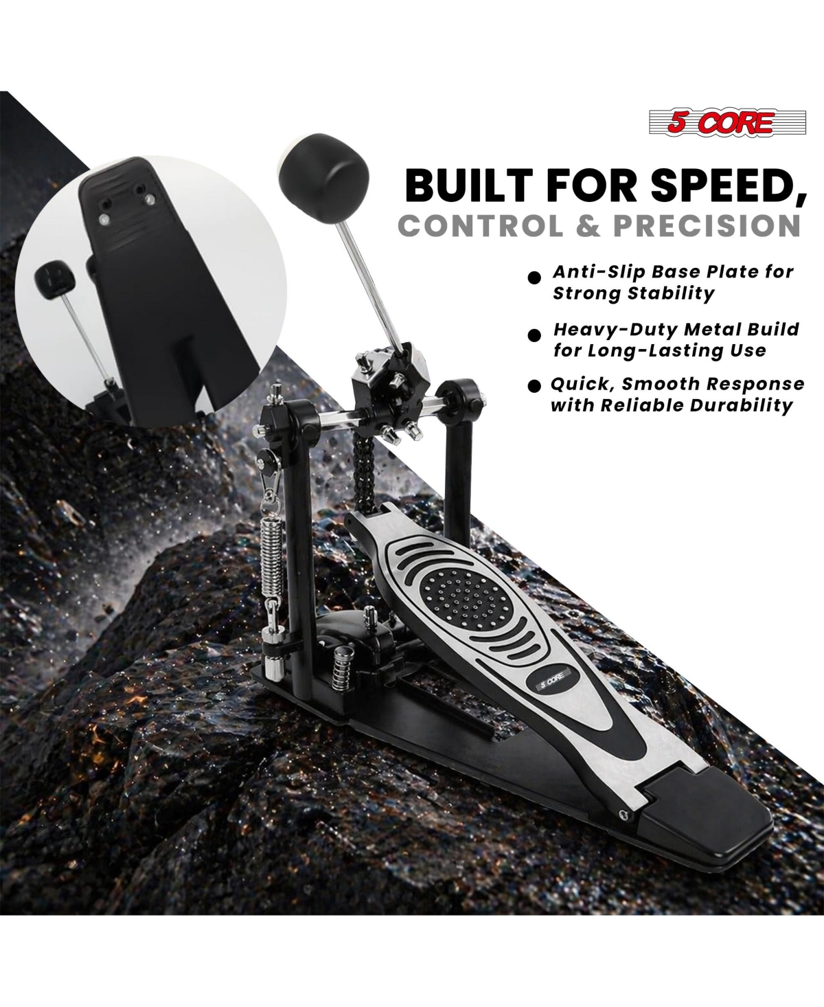 5 Core Bass Drum Pedal Mount Adjustable Felt Beater Head Single Chain Heavyduty Kick Drum Foot Pedal
