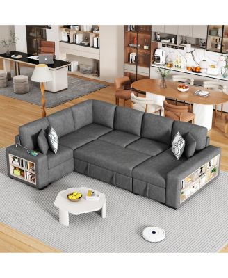 U-shaped Sectional Sofa Pull-out Sofa Bed with USB Ports and Storage Chaise Lounge and Four Back Pillows for Living Room