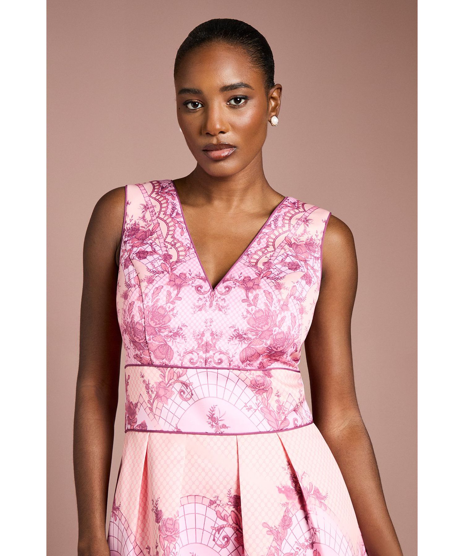Women's V-Neck Satin Floral Print Midi Dress